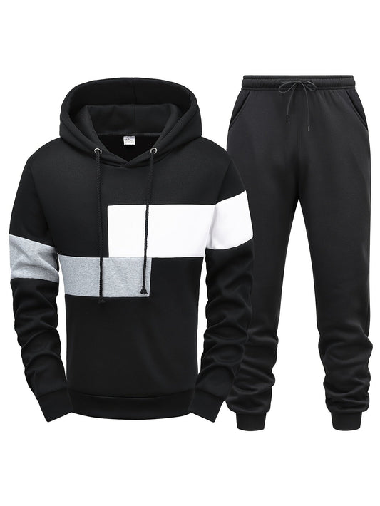 Schwarzer Hoodie und Jogginghose Set, Blockmuster, Baumwolle, Herrenmode, Freizeitkleidung.
