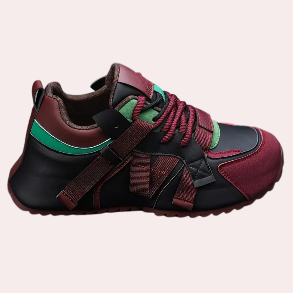 Modischer Sneaker, rot-schwarz, Leder, Textil, Herren, sportlich, bequem, trendig, Freizeit.