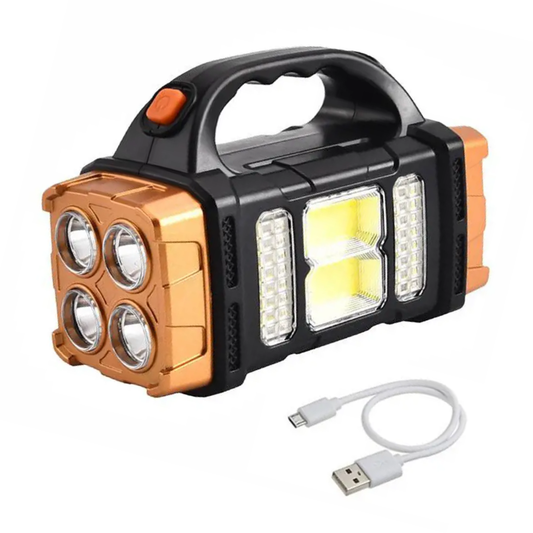 Tragbare LED-Taschenlampe, schwarz-orange, USB-aufladbar, mit vier Linsen und Tragegriff.