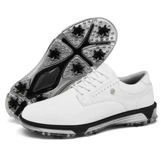 Weiße Golfschuhe mit Spikes, Herren, Leder, rutschfest, sportlich, bequem, langlebig.