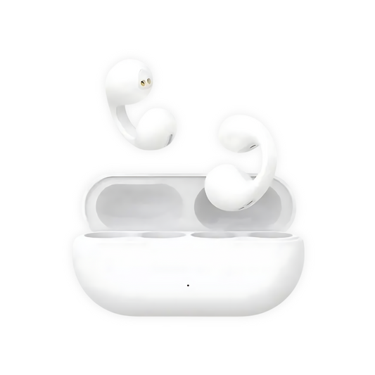 Weiße kabellose In-Ear-Kopfhörer mit Ladeetui, Bluetooth, ergonomisches Design.