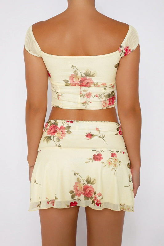 Dvoudílná letní sada pro ženy s květinovým topem a minisukní – Malia