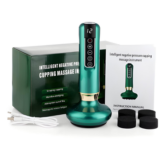 Elektrisches Massagegerät gegen Cellulite, grün, mit Zubehör und Anleitung, für Heimtherapie.