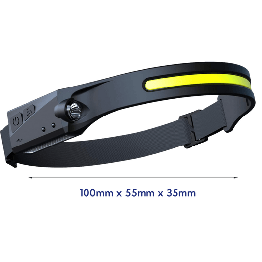 Schwarze LED-Stirnlampe mit verstellbarem Band, USB-Anschluss, 100x55x35mm.