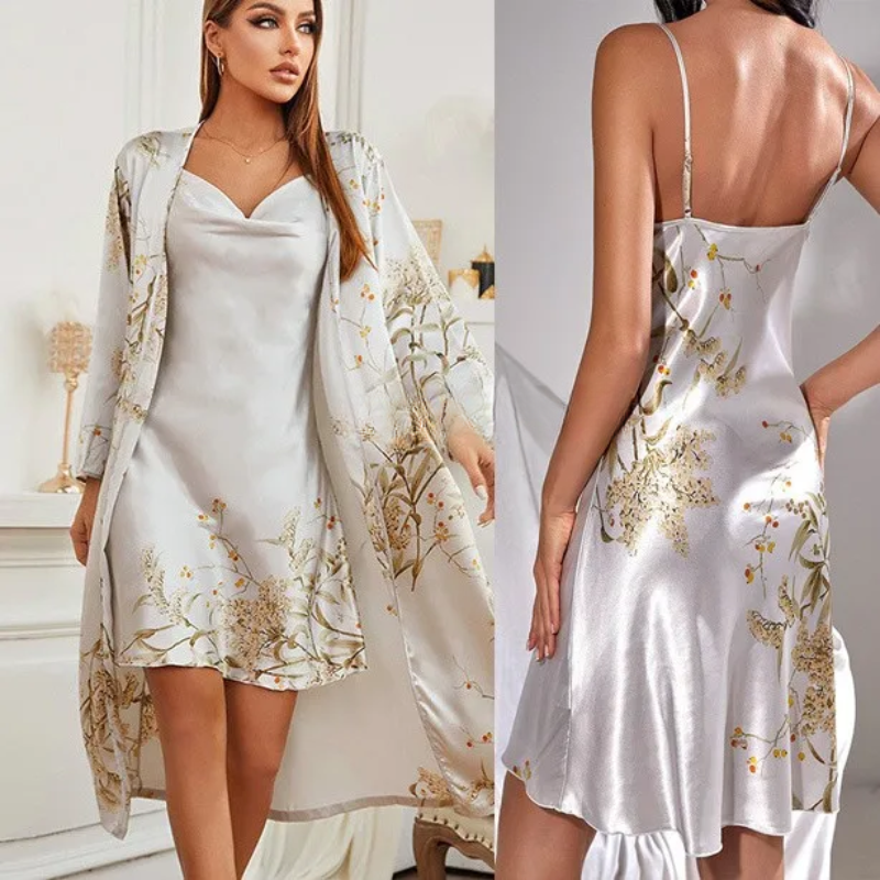 Dvoudílné saténové noční prádlo a kimono s květinovým vzorem – Noelle