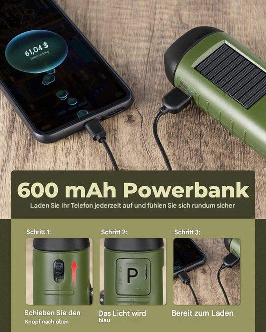 Grüne 600 mAh Powerbank mit Solarpanel, lädt Smartphone, tragbar, umweltfreundlich.