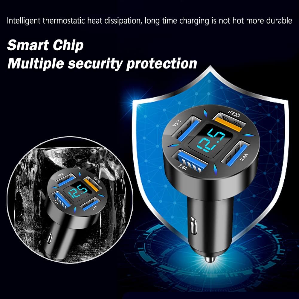 Schwarzes Auto-Ladegerät mit LED-Anzeige, Dual-USB-Anschlüssen, Smart-Chip-Technologie.