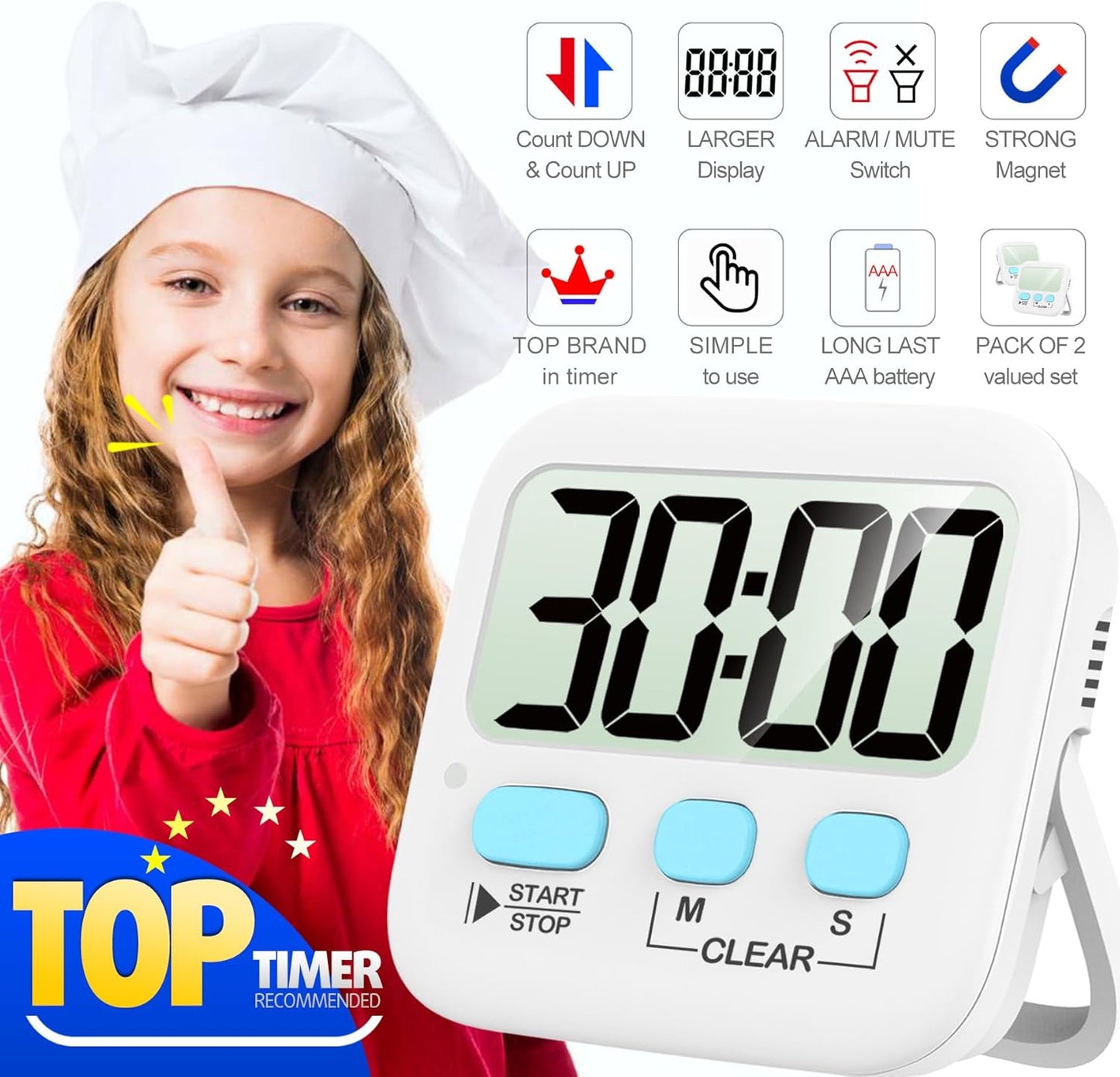 Digitaler Küchentimer mit großem Display, Countdown-Funktion, weiß, ideal für Kochen und Backen.