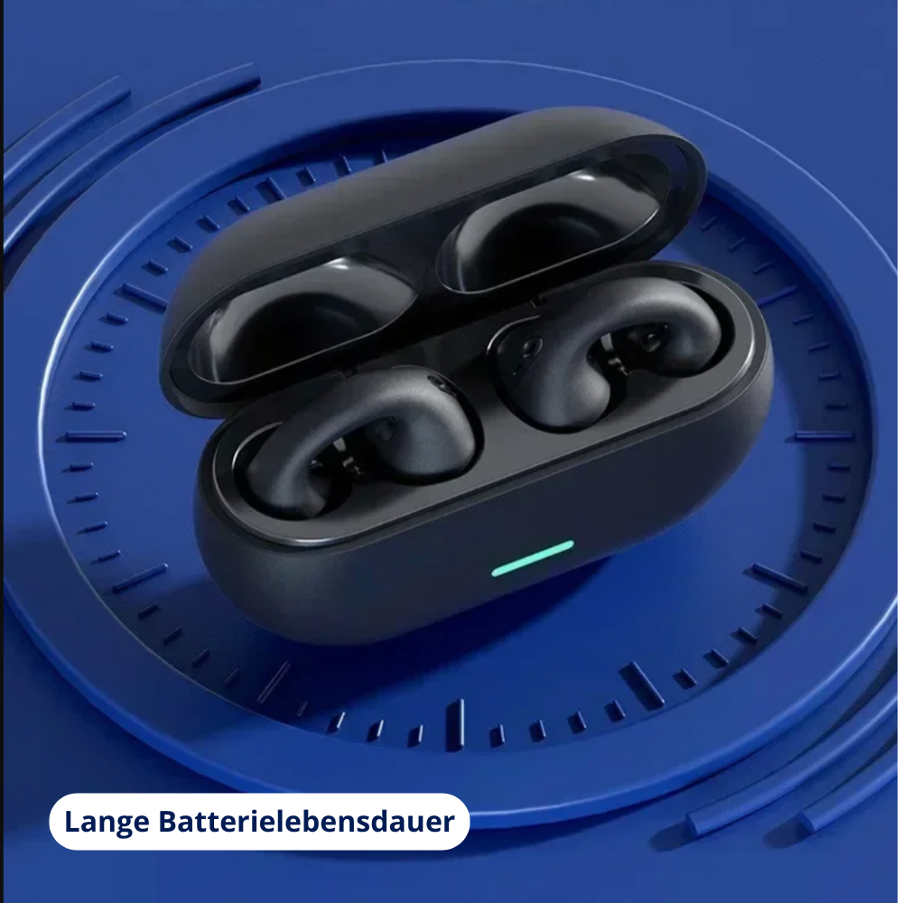 Schwarze kabellose Bluetooth-Kopfhörer im Ladecase, lange Akkulaufzeit, modernes Design.