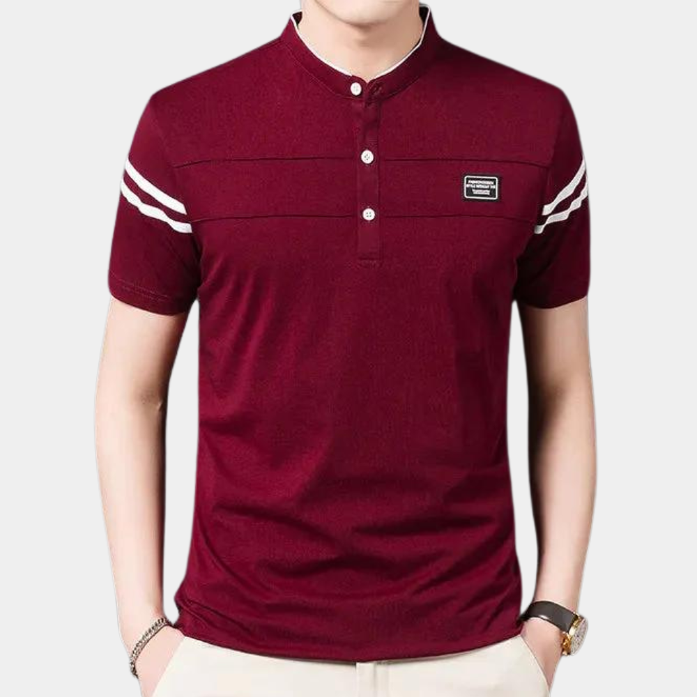 Rotes Herren-Poloshirt mit Knopfleiste, Kurzarm, gestreifte Details, modisch, Baumwolle.