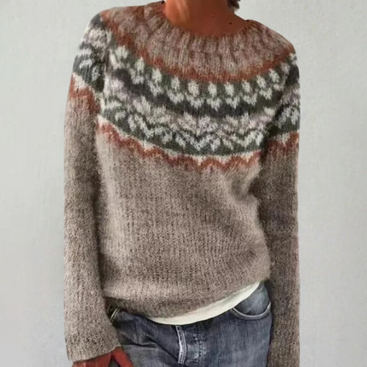 Damenpullover mit Norwegermuster, beige-braun, Strick, warm, modisch, Freizeitkleidung.