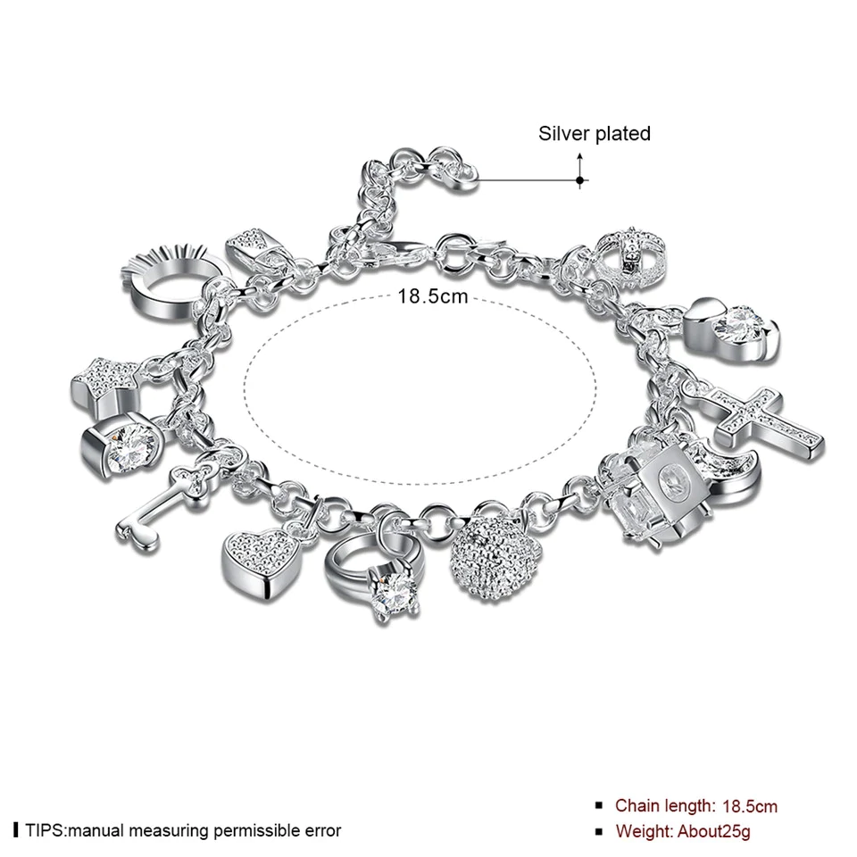 Silber Charm-Armband mit Anhängern, 18,5 cm, modisch, Damen-Schmuck, Geschenkidee.