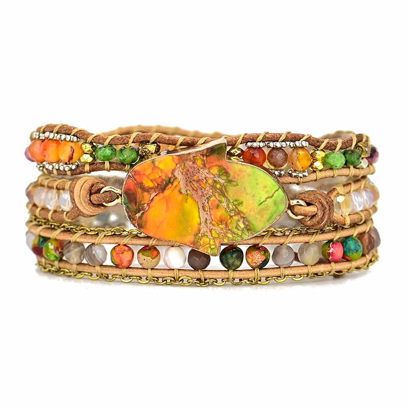 Buntes Wickelarmband mit Naturstein, Leder, handgefertigt, Boho-Stil, Damen-Schmuck.