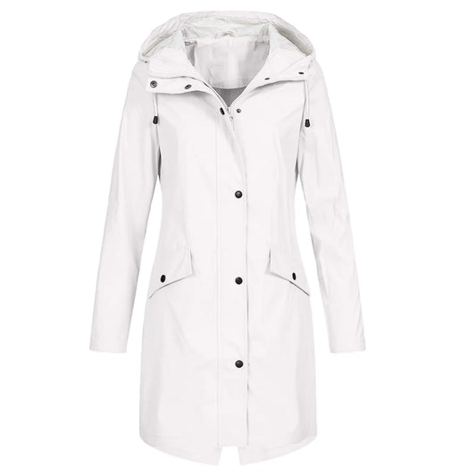 Weiße Damen-Regenjacke mit Kapuze, wasserdicht, modisch, funktional, Outdoor-Bekleidung.
