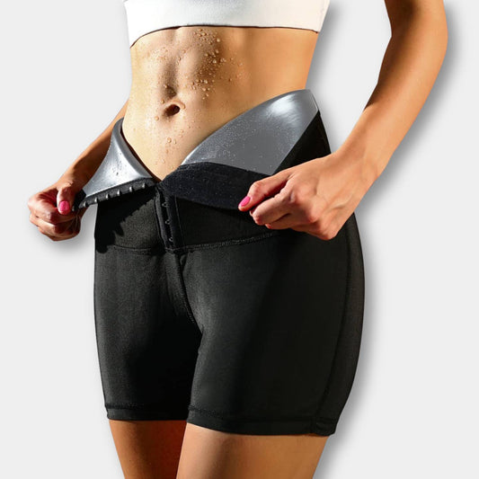 Frau in schwarzer Sauna-Schwitzhose mit silbernem Bund, Taille Trainer, Fitness Shapewear.