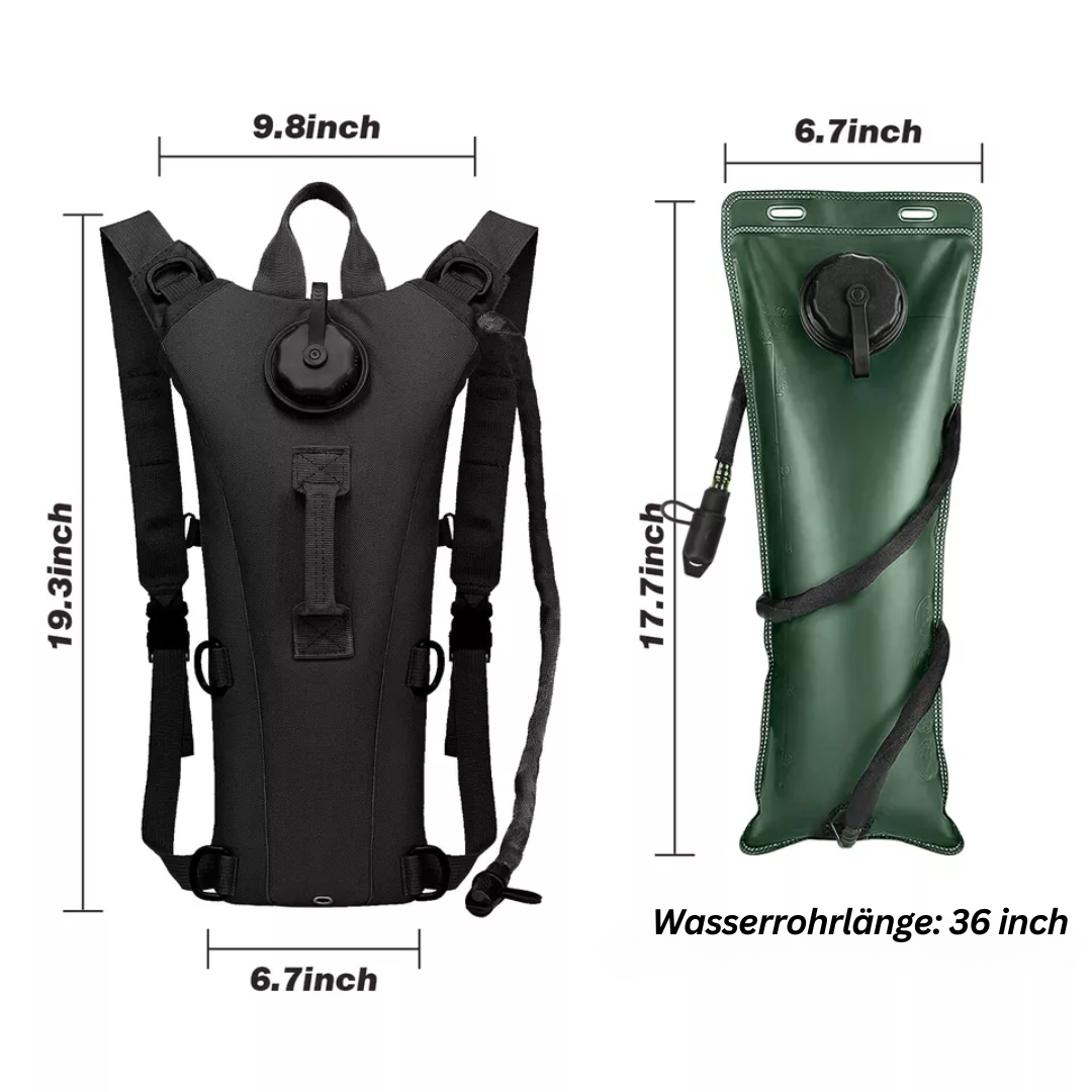 Schwarzer Hydration Rucksack mit grünem Wasserreservoir, ideal für Outdoor-Aktivitäten.