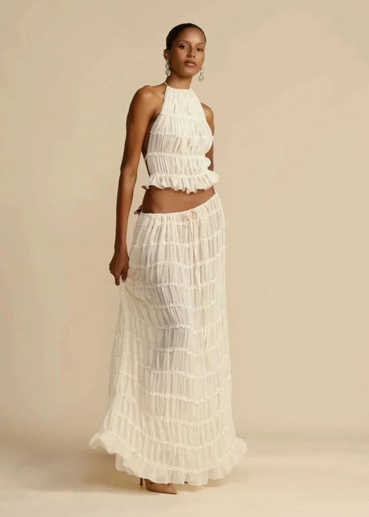 Dvoudílný letní outfit pro ženy s boho sukní a topem bez ramínek – Alina