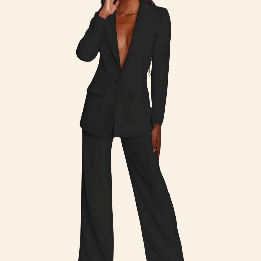 Schwarzer Damenanzug, elegantes Design, taillierte Jacke, weite Hose, Businessmode.