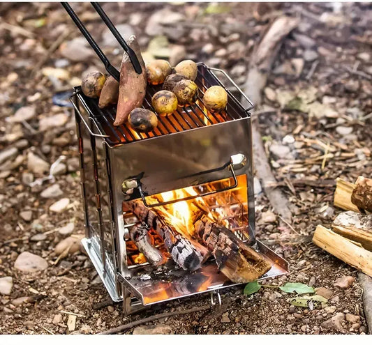 Tragbarer Edelstahl-Holzofen für Camping, Outdoor-Kochen, kompakt, robust, effizient.