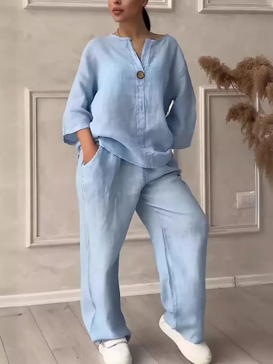 Podzimní a stylový set s halenkou a širokými kalhotami z lnu – Melina