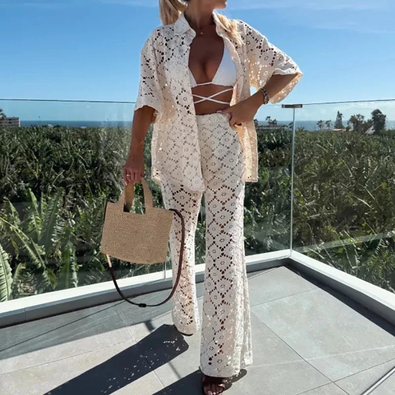 Dvoudílný dámský krajkový top s volnými kalhotami – Livia