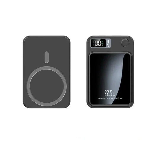 Schwarze Powerbank mit digitaler Anzeige, 22.5W Schnellladung, kabelloses Laden, tragbar.