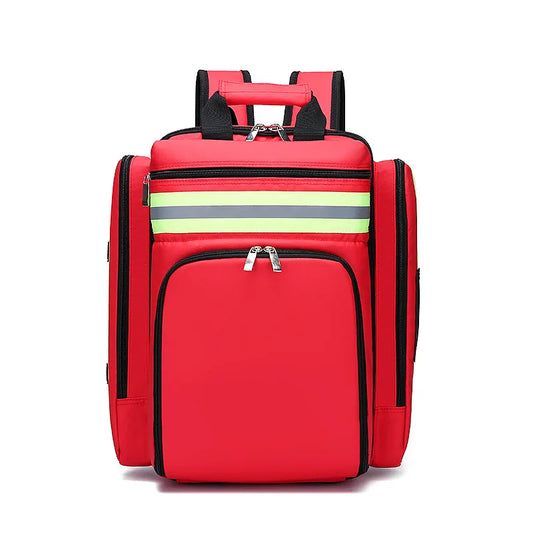 Roter Schulrucksack mit reflektierenden Streifen, geräumig, robust, ideal für Schüler.