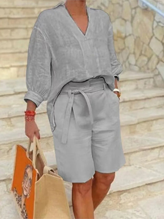 Vzdušná a stylová dvoudílná souprava z lnu s blůzou a šortkami pro ženy – Malea