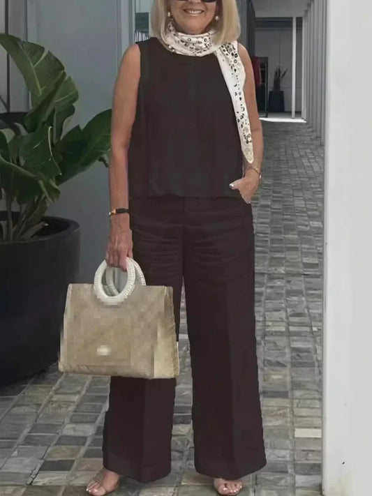 Dvoudílná letní souprava pro ženy z lnu s bezramennou blůzou – Maelis