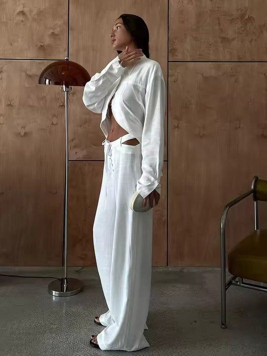 Podzimní & Stylová Dvoudílná Sada z Lnu s Dlouhým Rukávem Tričko a Kalhoty pro Ženy – Nayela