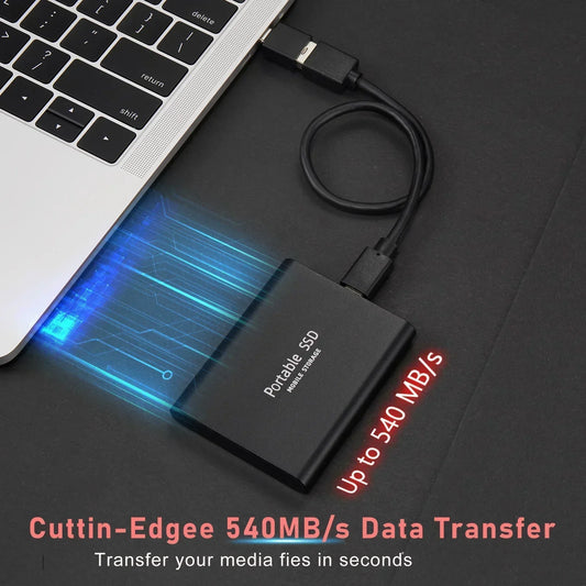 Externe tragbare SSD, schwarz, USB-C, schnelle Datenübertragung, 540 MB/s, Laptop-kompatibel.