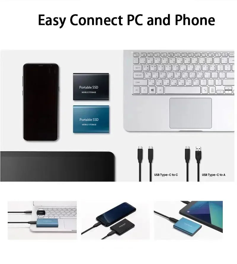 Externe tragbare SSD, USB-C, blau, schwarz, Laptop, Smartphone, Datenübertragung, Speicher.