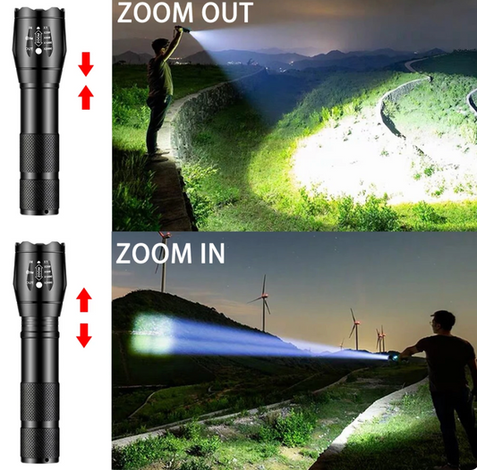 Taschenlampe mit Zoomfunktion, schwarz, LED, Outdoor, Nacht, Beleuchtung, Landschaft, Windräder.