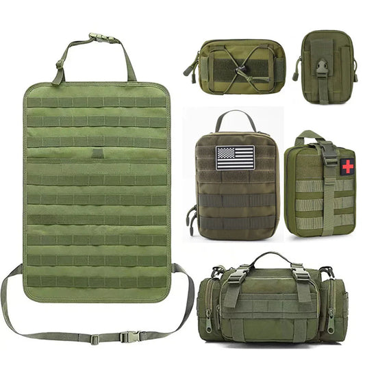 Grünes taktisches Molle-Taschen-Set, vielseitig, robust, ideal für Outdoor-Aktivitäten.