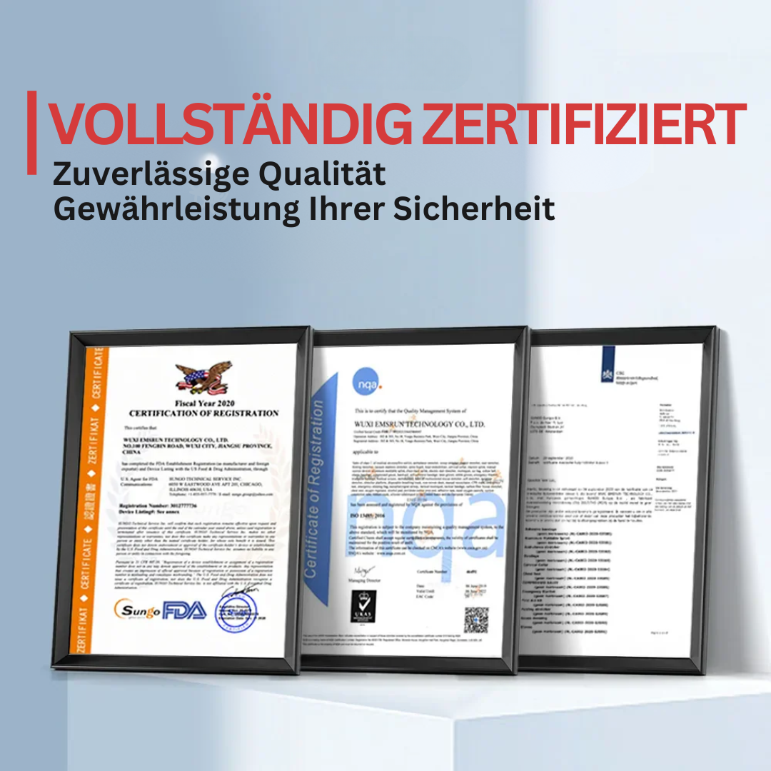 Drei Zertifikate in schwarzen Rahmen, vollständig zertifiziert, zuverlässige Qualitätssicherung.