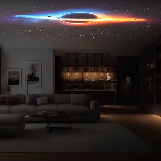 Wohnzimmer mit Sofa und leuchtendem LED-Sternenhimmel, moderne Einrichtung, gemütliche Atmosphäre.