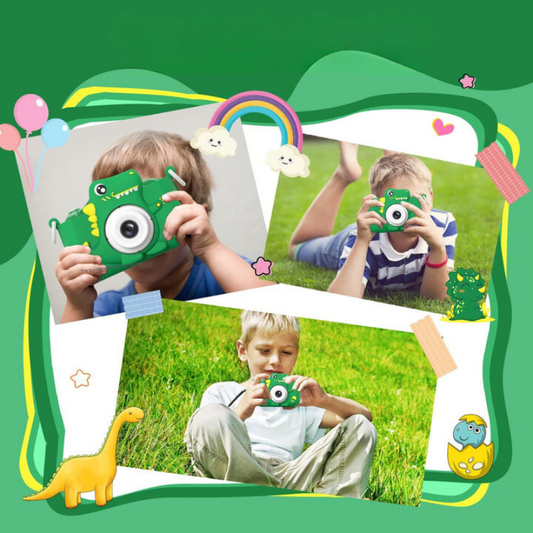 Dětská kamera s HD funkcí a designem dinosaura pro první fotografická dobrodružství.