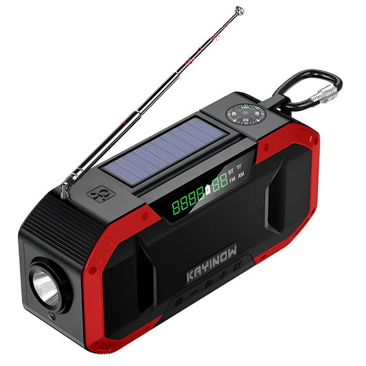Tragbares Notfallradio mit Solarpanel, LED-Taschenlampe, Kompass, USB-Anschluss, schwarz-rot.