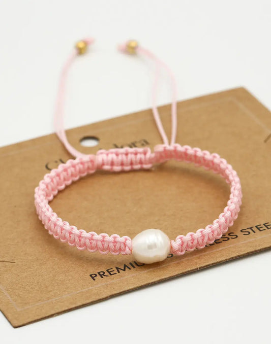 Rosa Makramee-Armband mit Perle, verstellbar, handgefertigt, Schmuck für Damen.