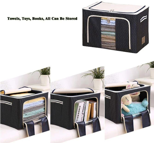 Schwarze faltbare Aufbewahrungsbox mit Reißverschluss, ideal für Kleidung, Spielzeug, Bücher.