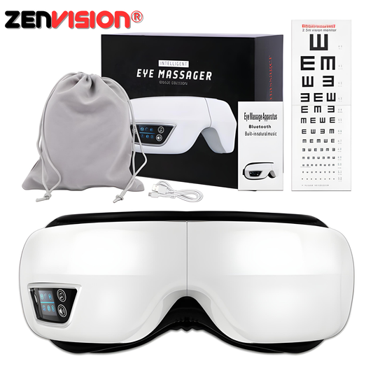Weißer Augenmassagegerät mit Bluetooth, Verpackung, Augen-Testkarte und Aufbewahrungsbeutel.