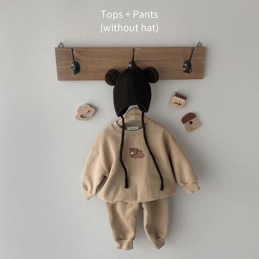 Beiges Baby-Outfit Set, Pullover und Hose, Bärenmotiv, Baumwolle, ohne Mütze, Kinderkleidung.