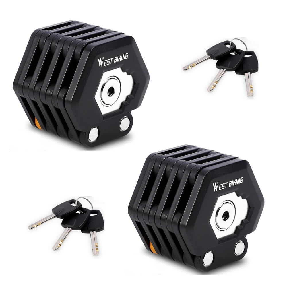 Zwei schwarze faltbare Fahrradschlösser mit Schlüsseln, robustes Design, Diebstahlschutz.