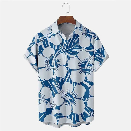 Blau-weißes Hawaiihemd mit Blumenmuster, Kurzarm, Baumwolle, Sommermode, Herrenbekleidung.