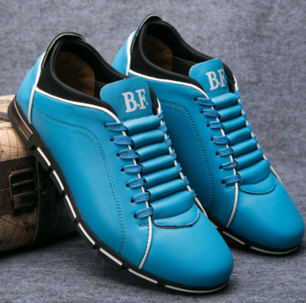 Blaue Lederschuhe mit Schnürsenkeln, sportlich, Herrenmode, stilvoll, bequem, B.F.-Logo.