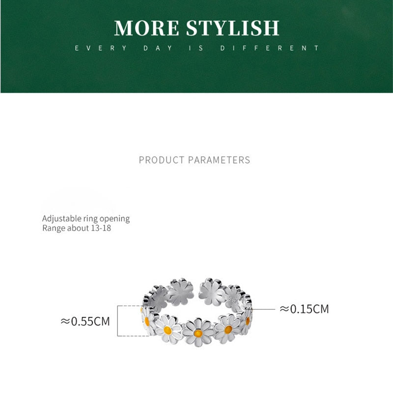 Silberner verstellbarer Ring mit Gänseblümchen-Design, Blumenring, Modeschmuck, Damenaccessoire.