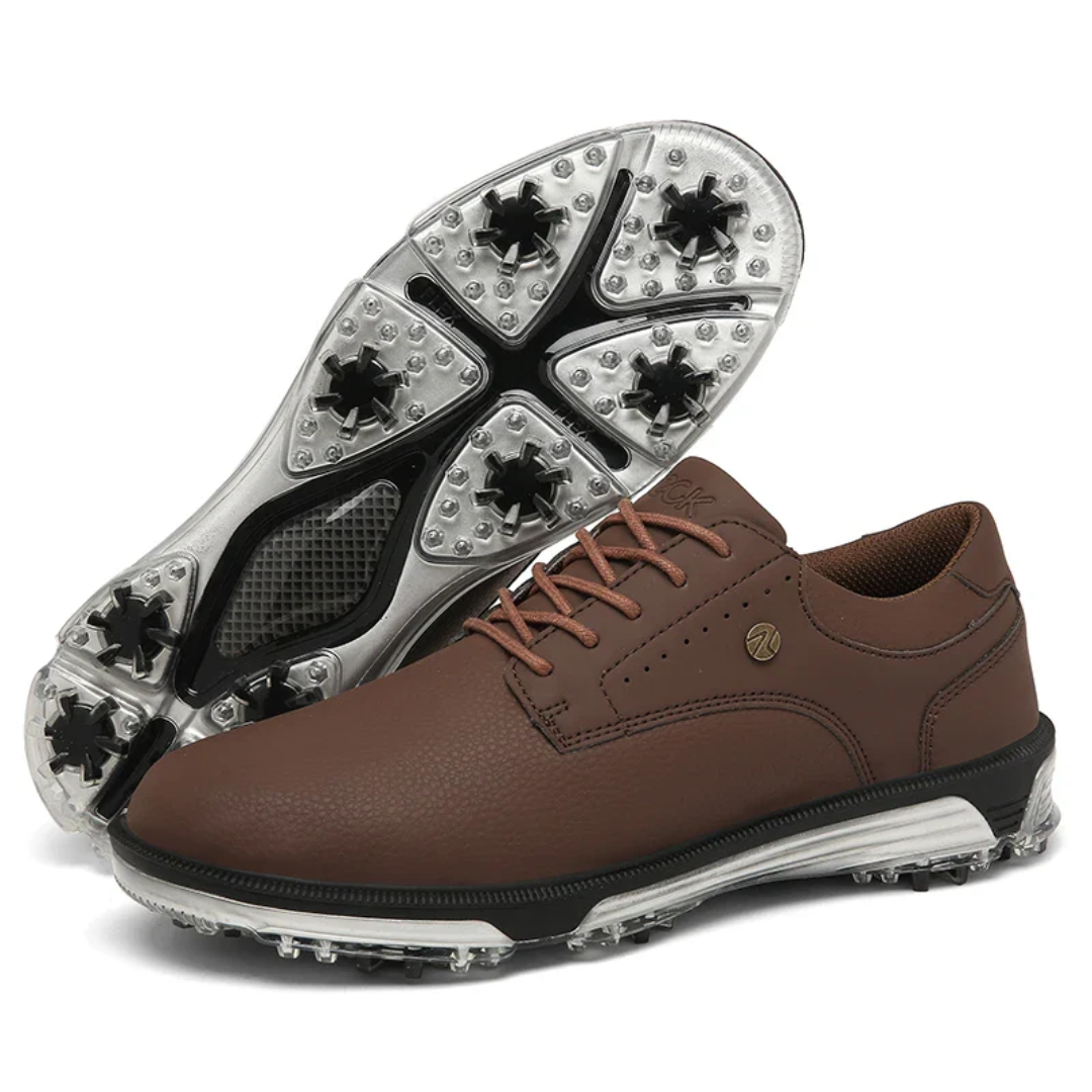 Braune Golfschuhe aus Leder mit Spikes, rutschfest, sportlich, Herren, bequem.