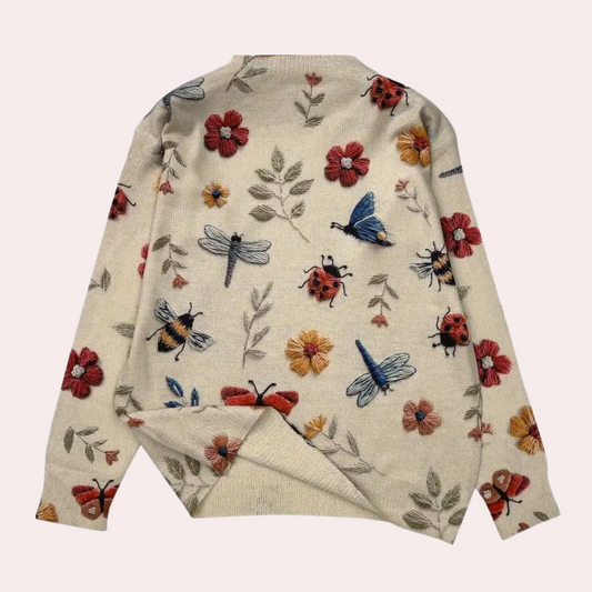 Beiger Pullover mit Blumen- und Insektenstickerei, Damenmode, Herbstkollektion, Baumwolle.