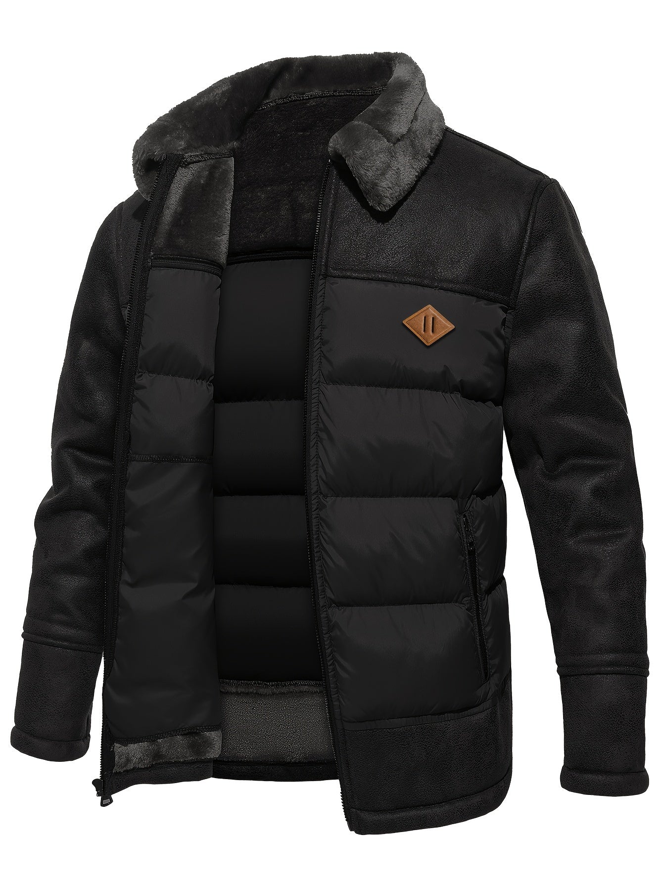 Schwarze Herrenjacke mit Kunstfellkragen, gestepptem Innenfutter, Reißverschluss, Wintermode.
