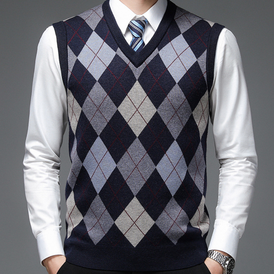 Männer-Pullover Weste, Argyle-Muster, navyblau, V-Ausschnitt, Business-Look, Herrenmode.